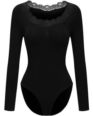 cfab Shapingbody Lace Bodysuit Sculpting Shapewear Longsleeve Mit Slip - Schwarz