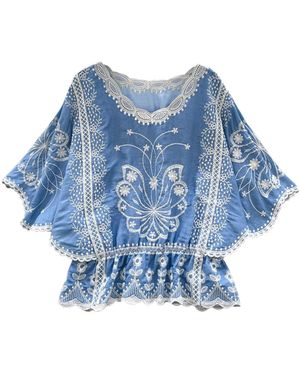 Apricot Floral Embroidered Boho Blouse - Blau
