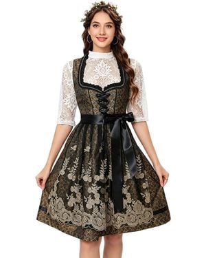 KoJooin Dirndl Damen Dreiteiliges Oktoberfest Set Kleid,Spitzenbluse Mit Blumenmotiv Goldbestickte Tüllschürze - Schwarz
