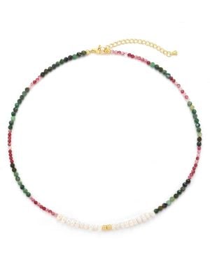 MayTree Kette Edelsteinkette Mit Mehrfarbigem Turmalin Und Süßwasserperlen - Mettallic