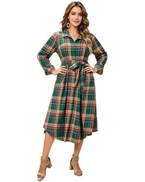 KoJooin Blusenkleid Damen Plus Size Kariertes Kleid Mit Bindeband, Knopfleiste, Taschen Und Geschwungenem Saum - Grün
