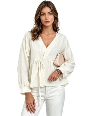 KoJooin Bluse Damenbluse Mit Bindeband Vorne Peplum-Oberteil, Mit Schleife, Langen Ärmeln Und V-Ausschnitt - Weiß