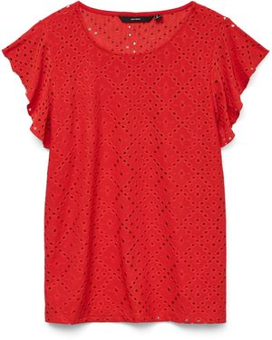 Vero Moda Blusenshirt Atmungsaktive Struktur mit Lasercuts, Kurzarm VMTASSA SL FRILL TOP NOOS - Rot