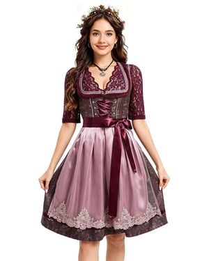 KoJooin Dirndl Damen 3Teiliges Dirndlset Jacquardkleid,Spitzenoberteil Mit 3/4Arm & Zweilagige Altrosaschürze - Lila