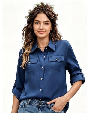 KoJooin Bluse Damenbluse Mit Knopfleiste, Langärmelig, Lässig, Oversize-Schnitt, Mit Taschen, Leichtes Oberteil - Blau