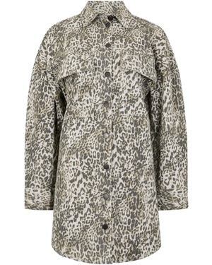 Apricot Leopard Print Cotton Denim Shacket Mini Dress - Grau