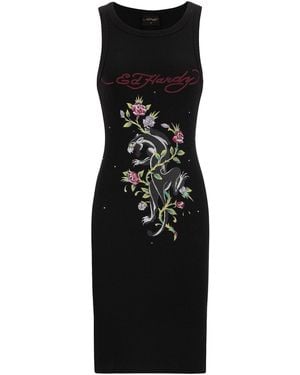 Ed Hardy Kleid Panther Und Blumen - Schwarz