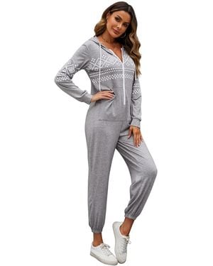 KoJooin Jumpsuit Damen Overall Mit Print, Kapuze, Kordelzug, Langen Ärmeln Und Taschen Bequemer Freizeit Jumpsuit - Grau