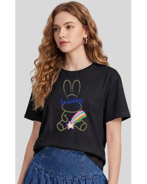 LAPA PLUS Shirt Minimal Line Drawing Rabbit With Holiday Print T-Shirt - Schwarz