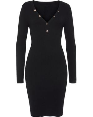 Buffalo Strickkleid mit V-Ausschnitt und Zierknöpfen, figurbetont, casual-chic - Schwarz