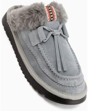 Limoya Pantolette Tisha Damen-Slipper Aus Wildleder Mit Pelzbesatz Und Schnürdetails - Grau