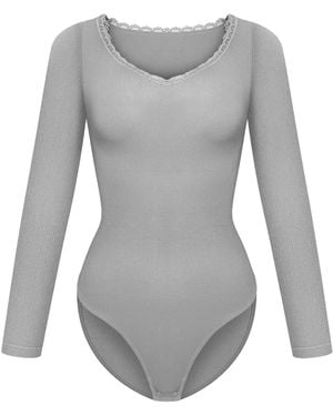 cfab Body Ribbed Longsleeve V-Neck Sculpting Lace Bodysuit With Slip - Grau
