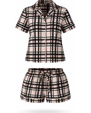 LEAFLETIC Shorty Check Night Wear Short Set For - Schwarz