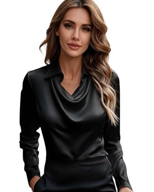 KoJooin Bluse Damen-Oberteil Mit Drap-Ausschnitt Und Klassischem Hemdkragen - Schwarz