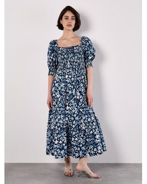 Apricot Floral Milkmaid Midaxi Dress - Blau