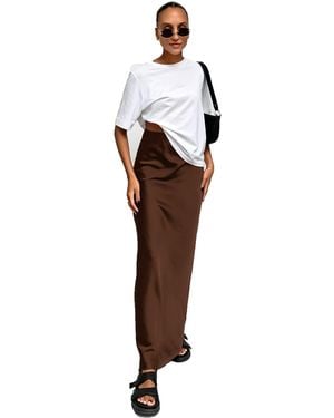 KoJooin Kleid Damen Hoher Bund Satin Maxirock Fließender Fall Gerader Schnitt Lang Bleistiftrock Elegant Rock - Weiß