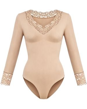 cfab Shapingbody Clean Longsleeve V-Neck With Lace Sculpting Bodysuit With Slip - Weiß