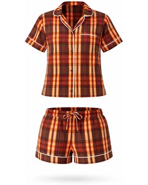 LEAFLETIC Shorty Check Night Wear Short Set For - Rot