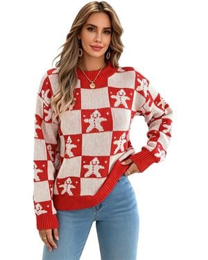 KoJooin Pullover Damen Weihnachtspullover Mit Rentier- Und Karomuster Gemütlicher Langarm-Pullover Mit Puffärmeln - Rot