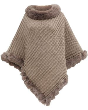 MAGICSHE Cape Winter Poncho Strick Mit Kunstfell - Natur