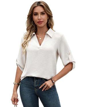 KoJooin Bluse Moderner Damen V-Ausschnitt Bluse Mit 3/4-Ärmeln Schlichte,Lockere Passform Für Büro Und Freizeit - Weiß