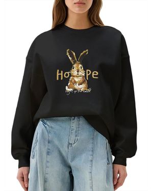 GORHEY Sweatshirt Crew Neck Sweatshirt With Rabbit Print, Loose Long Sleeve Fleece Pullover - Schwarz