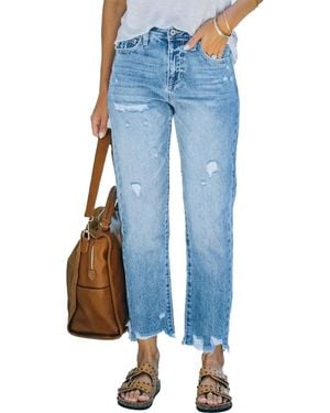 KoJooin Jeans Damen 7/8 Straight Leg Jeans Mit Used-Effekten Und Lässigen Destroyed-Details - Blau
