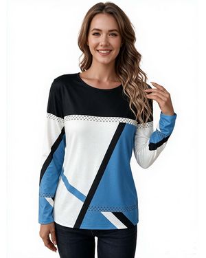KoJooin Top Damen Langarmshirt Mit Rundhals, Kontrasteinsätzen Und Geometrischem Print - Blau