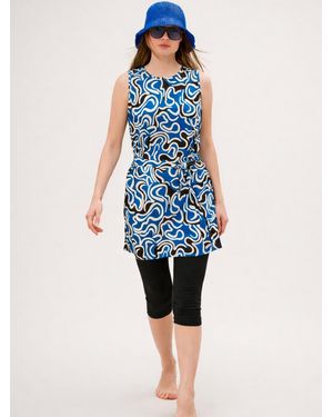 Marina Tankini Tankini Semi Suit 3-Teilig Gemustert Mit Schwarzer Hose M2444 - Blau