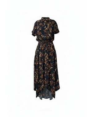Apricot Leaf Print Shirt Midi Dress - Schwarz