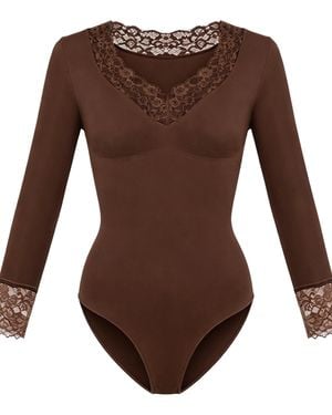 cfab Shapingbody Clean Longsleeve V-Neck With Lace Sculpting Bodysuit With Slip - Braun