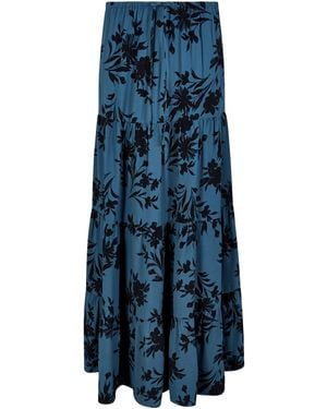 Apricot Floral Silhouette Crepe Midi Skirt - Blau