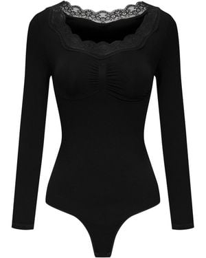 cfab Shapingbody Lace Bodysuit Sculpting Shapewear Longsleeve Mit String - Schwarz