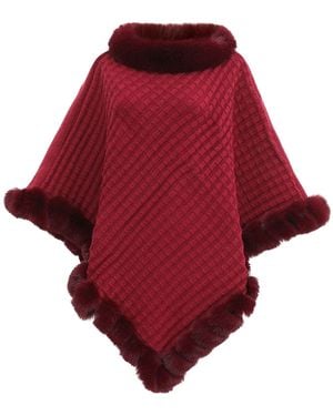 MAGICSHE Cape Winter Poncho Strick Mit Kunstfell - Rot