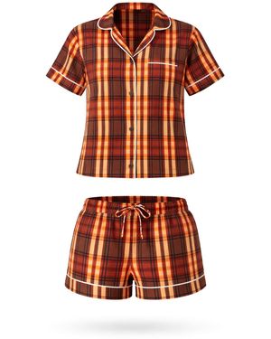 LEAFLETIC Shorty Check Night Wear Short Set For - Rot