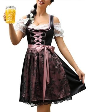 efashion Dirndl Trachtenkleid Damen Dirndl Kurz Midi 3Tlg. Für Oktoberfest-Drei Teilig: Kleid, Bluse, Schürze - Grün