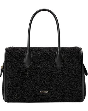 Twinset Shopper Teddy-Effect Fabric Tote Bag - Schwarz