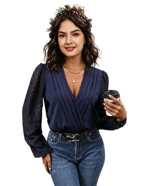 KoJooin Shirtbody Damen-Body Mit Langen Ärmeln, Bluse, Tiefem V-Ausschnitt, Transparenten Ärmeln,Trikot-Shirt - Blau