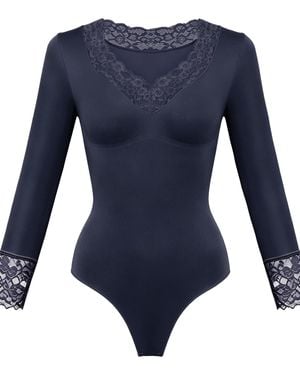 cfab Shapingbody Clean Longsleeve V-Neck With Lace Sculpting Bodysuit With String - Blau