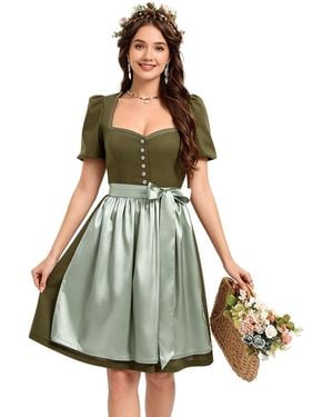 KoJooin Dirndl Damen 2-Teiliges Dirndl-Stil Set Mit Puffärmeln, Knopfleiste Und Schürze - Grün