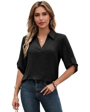 KoJooin Bluse Moderner Damen V-Ausschnitt Bluse Mit 3/4-Ärmeln Schlichte,Lockere Passform Für Büro Und Freizeit - Schwarz