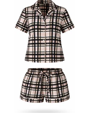 LEAFLETIC Shorty Check Night Wear Short Set For - Schwarz