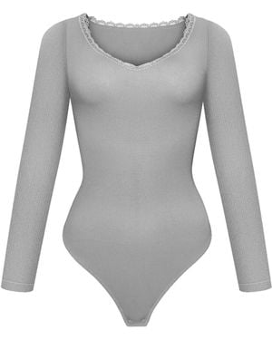 cfab Body Ribbed Longsleeve V-Neck Sculpting Lace Bodysuit With String - Grau