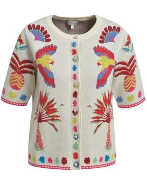 Milano Italy Kurzarm-Cardigan Mit Bunten Intarsia-Motiven - Weiß