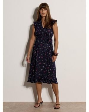 Apricot Ditsy Floral Ruffle Midi Dress - Blau