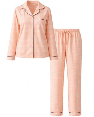 LEAFLETIC Pyjama Lang Check Night Wear Long Set For - Pink