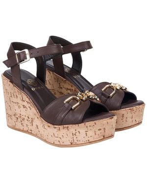 Desa Zehentrenner Damen-Keilsandalen Aus Leder Mit Goldenen Details - Schwarz