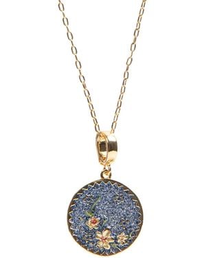MayTree Kette Halskette Blütenmedaillon Blaue Blüte, Handbemalt, 18K Vergoldet