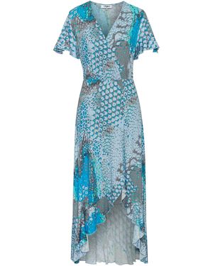 Buffalo Maxikleid im Vokuhila-Schnitt, Schlitz und Volant, Flügelärmel, Druckkleid - Blau
