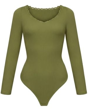 cfab Body Ribbed Longsleeve V-Neck Sculpting Lace Bodysuit With String - Grün